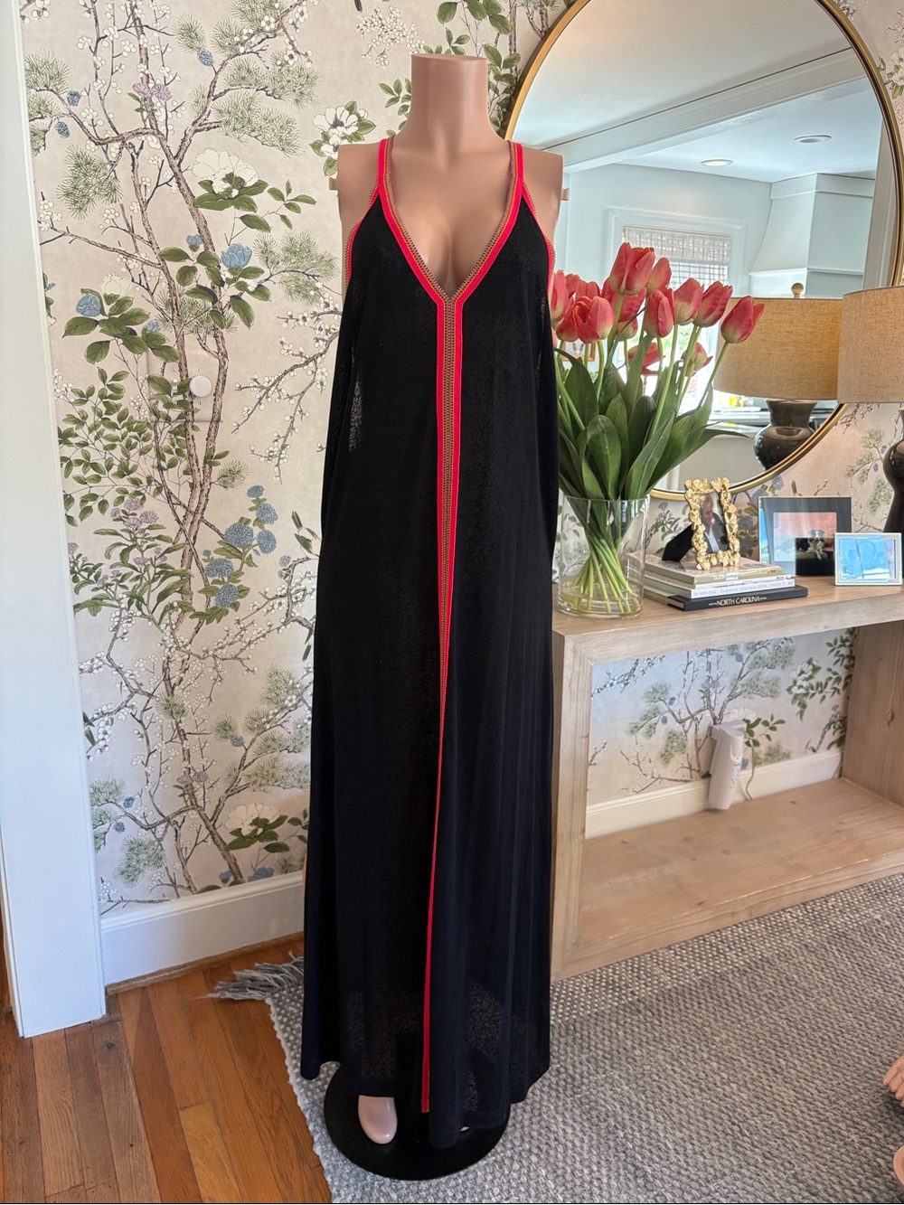 Pitusa Black Maxi Slip Dress with Pink Trim